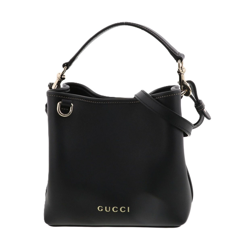 GUCCI GG Emblem Bucket Bag Handbag Leather Black
